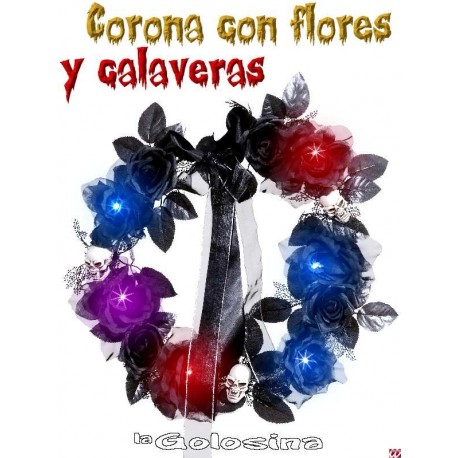 Corona flores con calaveras con luz 45 cm