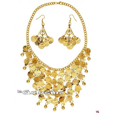 Collar y pendientes con monedas doradas