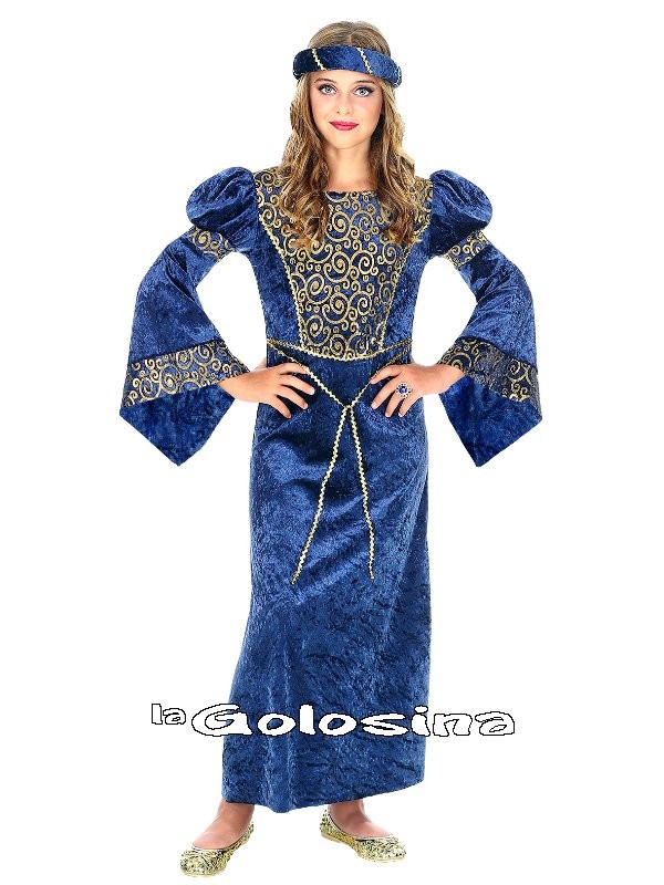 My Other Me Disfraz De Dama Medieval Para Niña – Vestido Largo Azul Con Bordados Dorados Y Diadema Con Flor, Ideal Para Carnaval Y Juegos De Época
