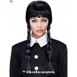 Peluca trenzas negra con flequillo.