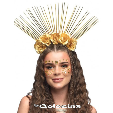 Diadema tiras dorada con flores doradas
