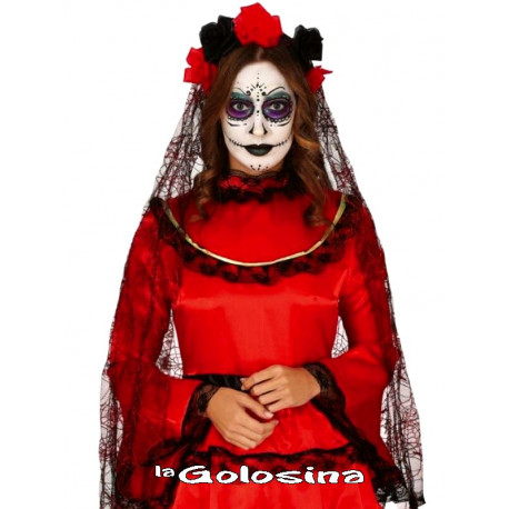Diadema Catrina con flores negras y rojas con velo.