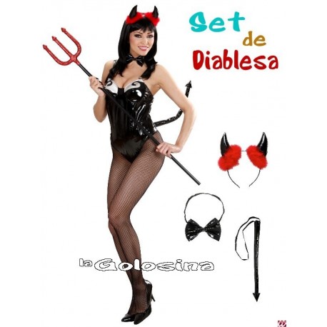 Set Diablesa Negro diadema, pajarita, rabo